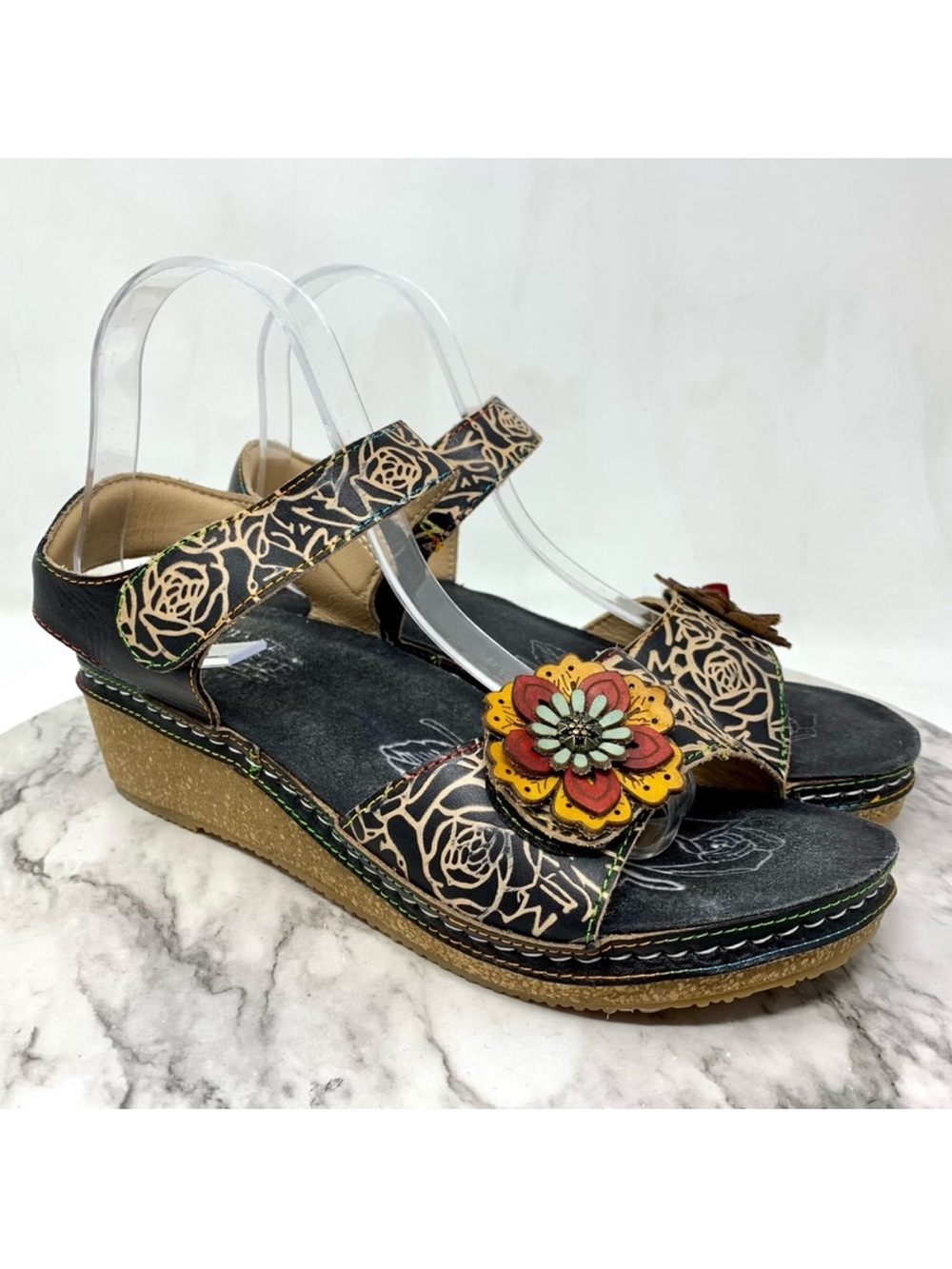L'Artiste By Spring Step Cuteness Rosette Leather Wedge Comfort Sandals 40/9